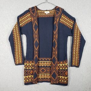 Lucky Brand Navy Blue Geometric Pattern Hooded Cardigan Sweater S P